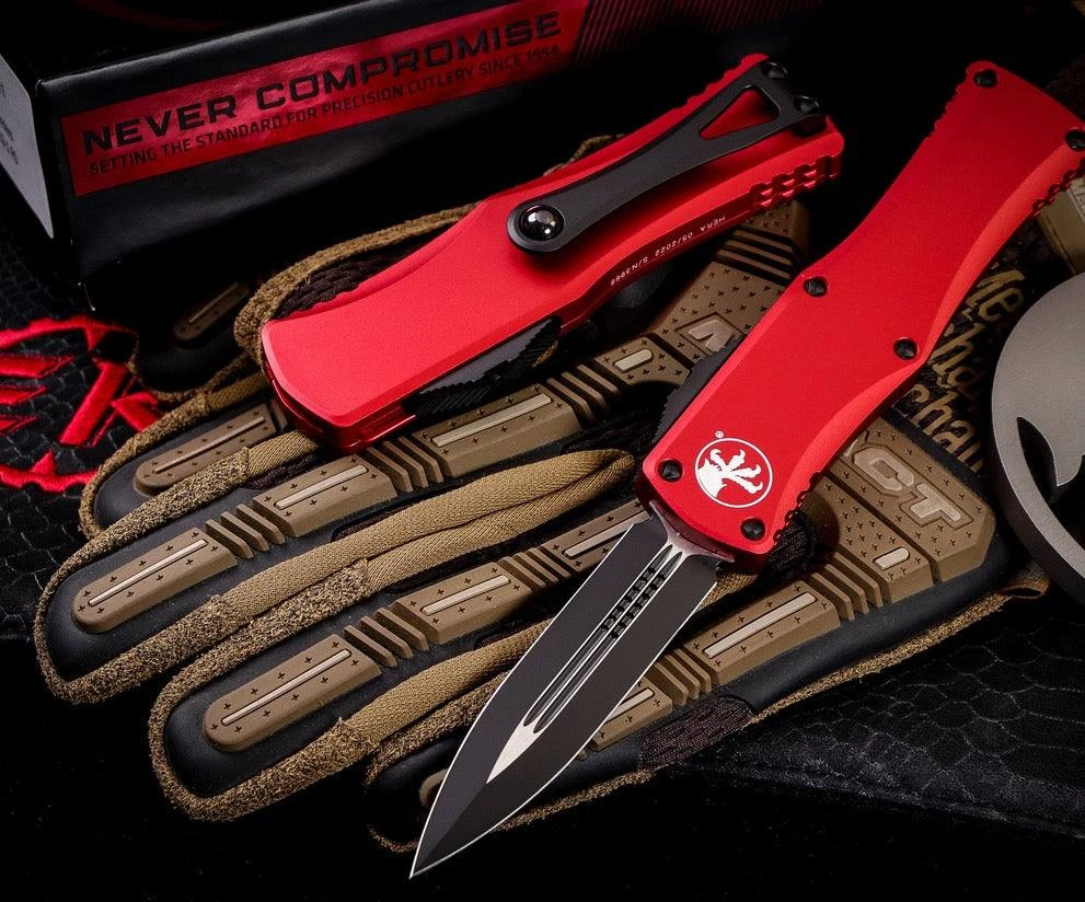 Promo 🥰 All Knife Brands MICROTECH 702-1RD HERA D/E BLACK STD RED HANDLES 👍 3 All Knife Brands MICROTECH 702-1RD HERA D/E BLACK STD RED HANDLES