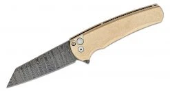 PROTECH KNIVES All Knife Brands Pro-Tech Limited Edition Malibu Flipper Damascus Reverse Tanto Blade, Bronze Handles